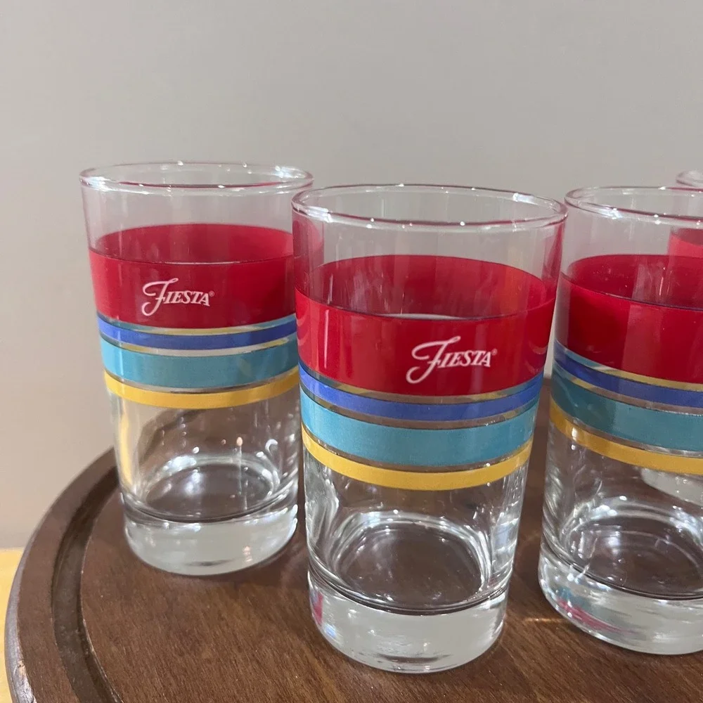 Vtg Fiesta Juice Glasses Set of 4 Red Blue Yellow‎ Striped Retro Tumblers 4.5